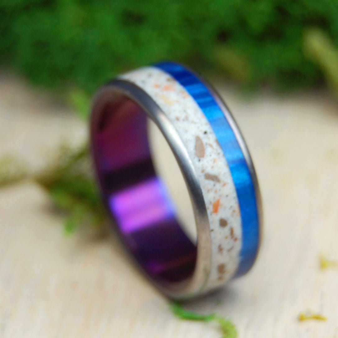 Sunset on Galilee | Sea of Galilee Beach Sand, Blue Marbled Opalescent & Titanium Wedding Ring - Minter and Richter Designs