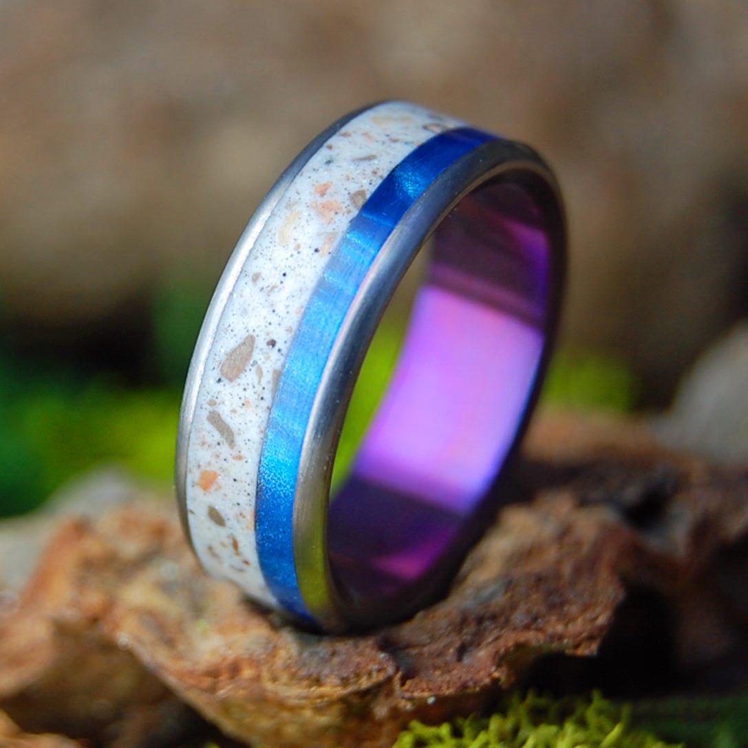 Sunset on Galilee | Sea of Galilee Beach Sand, Blue Marbled Opalescent & Titanium Wedding Ring - Minter and Richter Designs