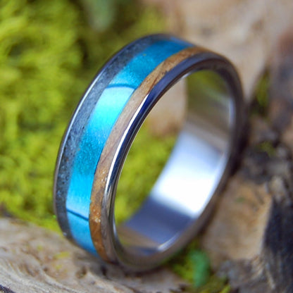 SWIMMING OFF FOLLY | Men's Whiskey Barrel, Folly Beach Sand, Alligator Teeth, Aquatic Blue & Titanium Wedding Ring - Minter and Richter Designs