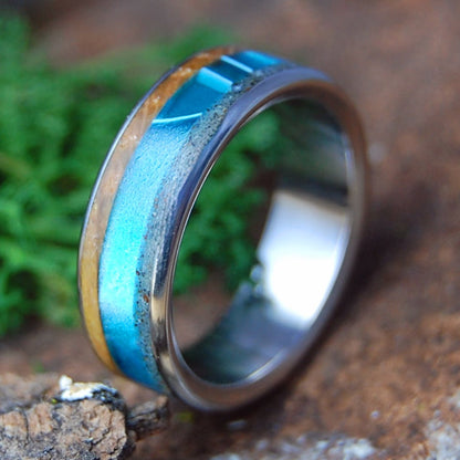 SWIMMING OFF FOLLY | Men's Whiskey Barrel, Folly Beach Sand, Alligator Teeth, Aquatic Blue & Titanium Wedding Ring - Minter and Richter Designs