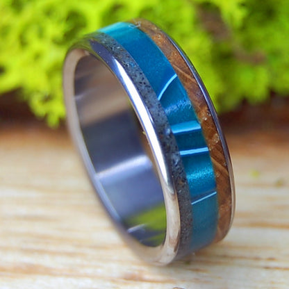 SWIMMING OFF FOLLY | Men's Whiskey Barrel, Folly Beach Sand, Alligator Teeth, Aquatic Blue & Titanium Wedding Ring - Minter and Richter Designs