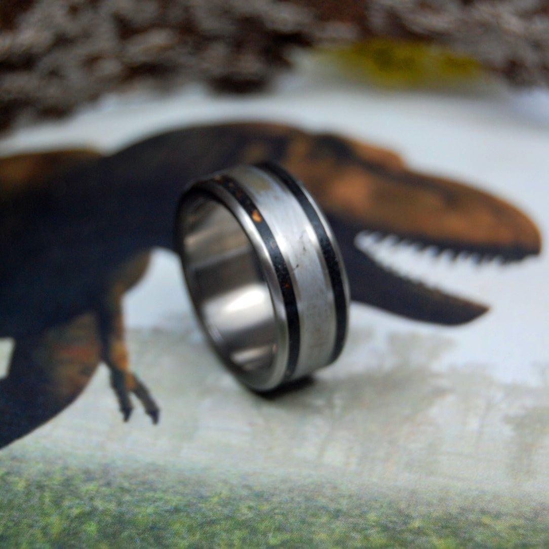 T - Rex Dino - Might | Men's Dinosaur Bone, Meteorite & Titanium Wedding Ring - Minter and Richter Designs
