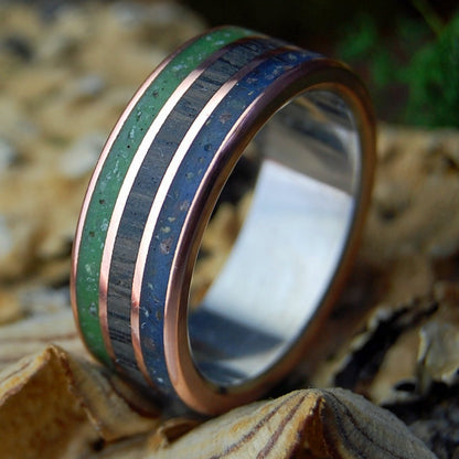 T - REX TAKES PUB IN COUNTY CORK | Men's T - Rex Tooth, Irish Bog Oak, Connemara Marble, County Cork Beach Sand & Titanium Wedding Ring - Minter and Richter Designs