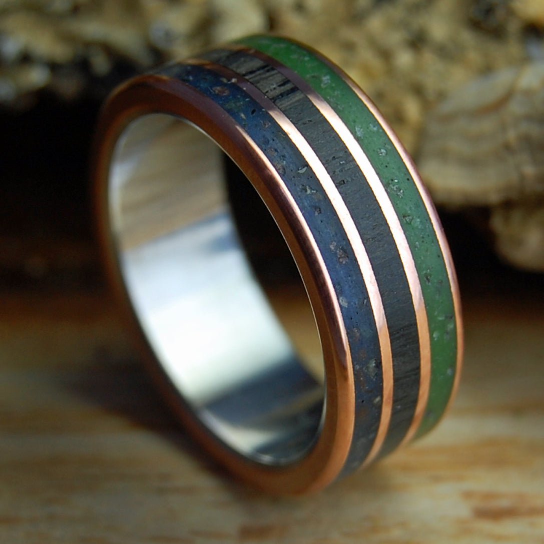 T - REX TAKES PUB IN COUNTY CORK | Men's T - Rex Tooth, Irish Bog Oak, Connemara Marble, County Cork Beach Sand & Titanium Wedding Ring - Minter and Richter Designs
