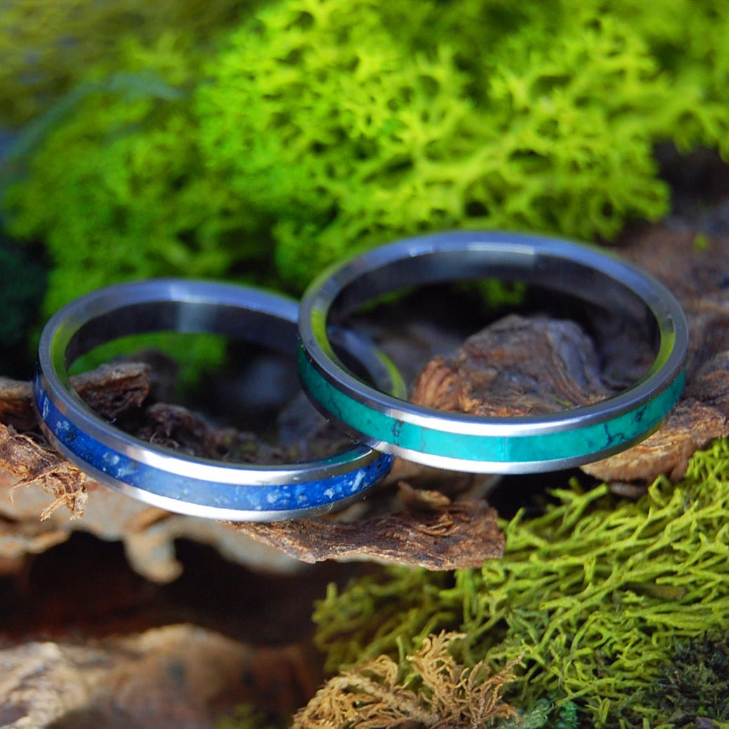 TAHOE ROCKS & IMPERIAL | Lake Tahoe Rocks & Jade - His & Hers Wedding Bands - Stone Wedding Rings - Minter and Richter Designs