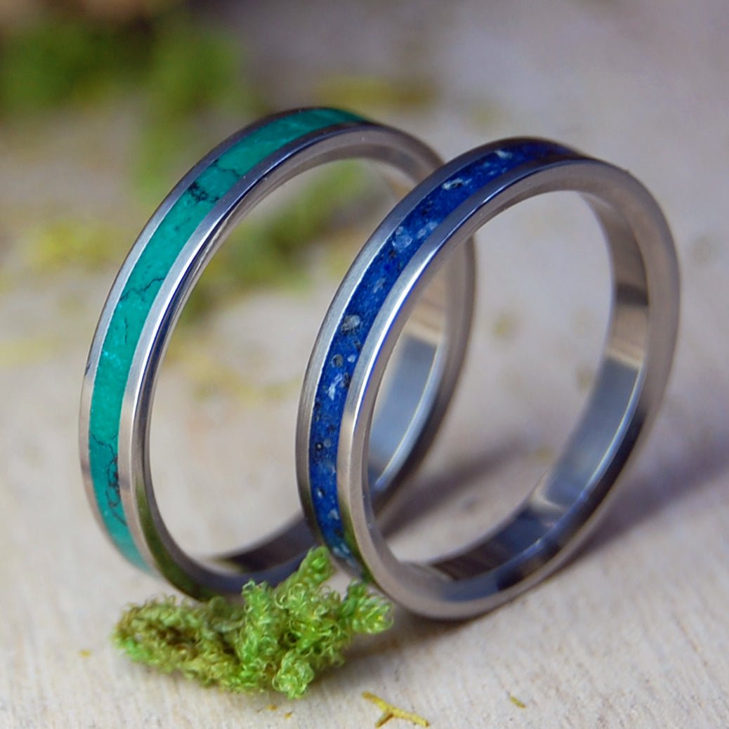 TAHOE ROCKS & IMPERIAL | Lake Tahoe Rocks & Jade - His & Hers Wedding Bands - Stone Wedding Rings - Minter and Richter Designs