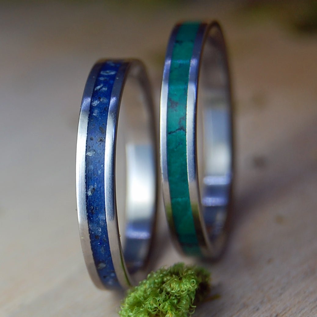 TAHOE ROCKS & IMPERIAL | Lake Tahoe Rocks & Jade - His & Hers Wedding Bands - Stone Wedding Rings - Minter and Richter Designs