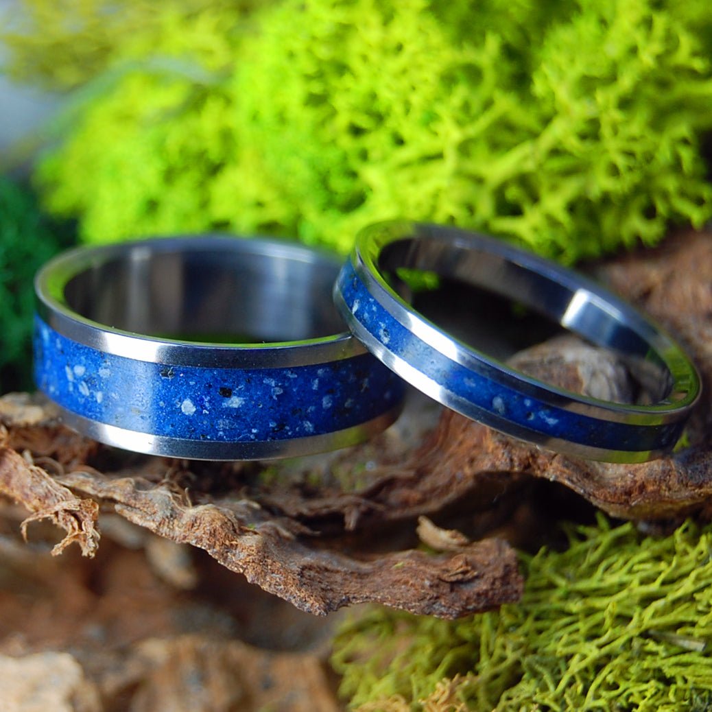 TAHOE ROCKS IN BLUE SET | Lake Tahoe Rocks - His & Hers Wedding Bands - Stone Wedding Rings - Minter and Richter Designs