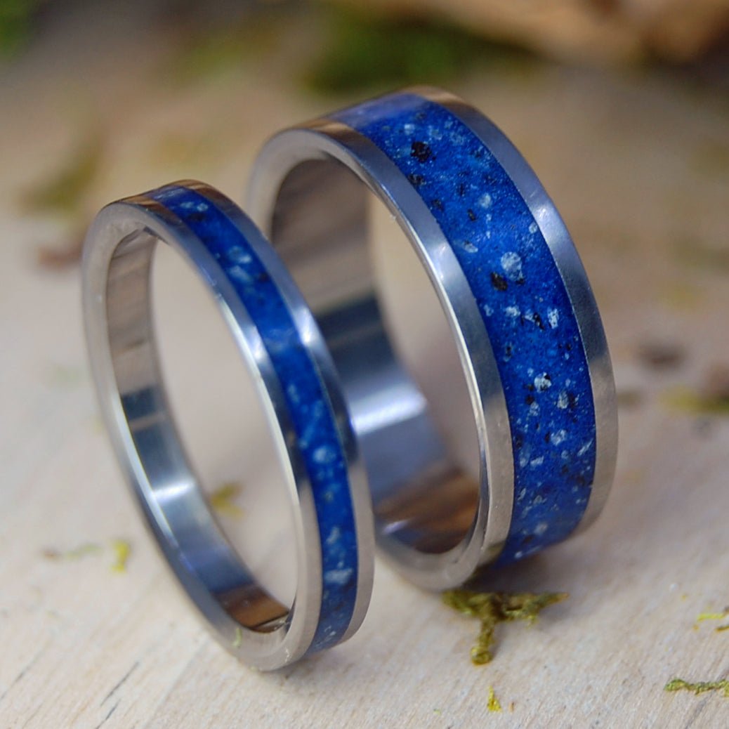 TAHOE ROCKS IN BLUE SET | Lake Tahoe Rocks - His & Hers Wedding Bands - Stone Wedding Rings - Minter and Richter Designs
