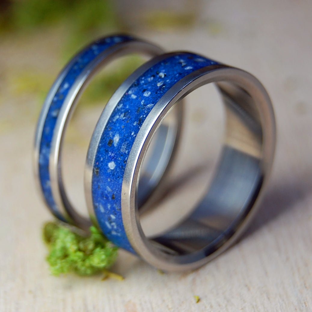 TAHOE ROCKS IN BLUE SET | Lake Tahoe Rocks - His & Hers Wedding Bands - Stone Wedding Rings - Minter and Richter Designs