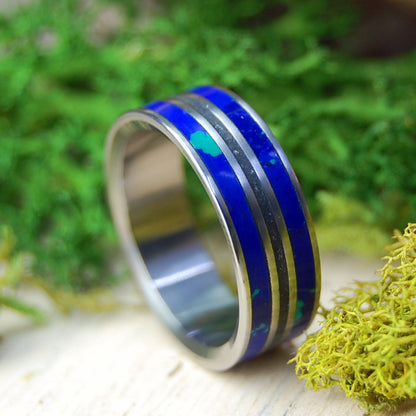 The Cold Blue of Alaska | Azurite Malachite and Alaskan Beach Sand - Unique Wedding Ring - Minter and Richter Designs