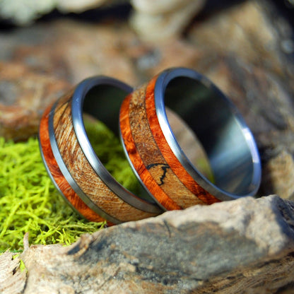 The Corner Of Their Heart | Amboyna Burl & Spalted Maple Titanium Wedding Ring Set - Minter and Richter Designs