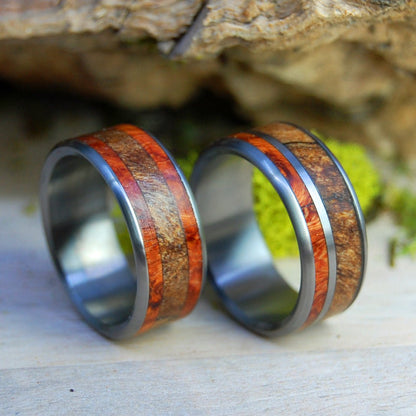 The Corner Of Their Heart | Amboyna Burl & Spalted Maple Titanium Wedding Ring Set - Minter and Richter Designs