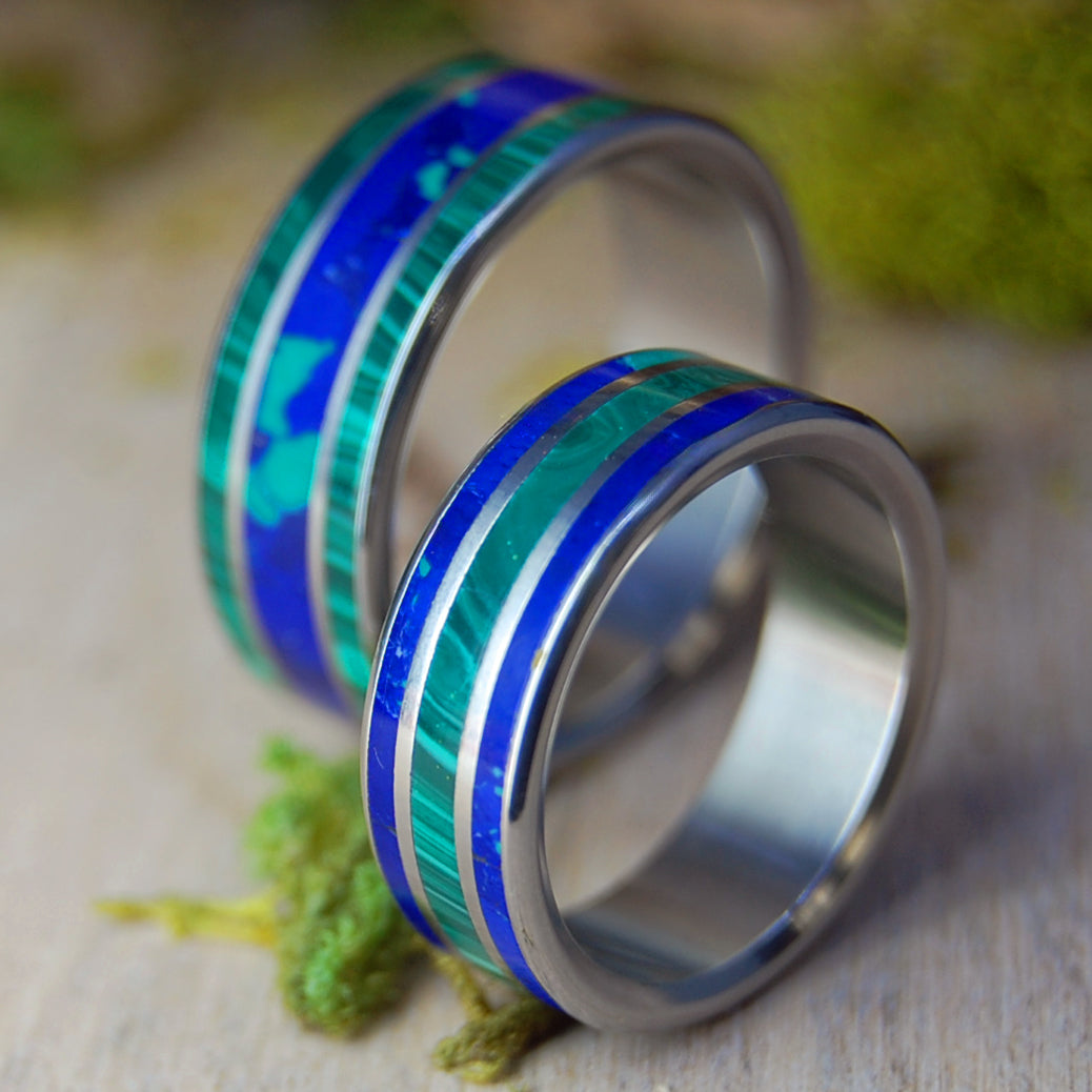 THE SEA INSPIRES AZURITE MALACHITE | Malachite, Azurite Stone & Titanium Wedding Rings - His & Hers Wedding Bands - Stone Wedding Rings