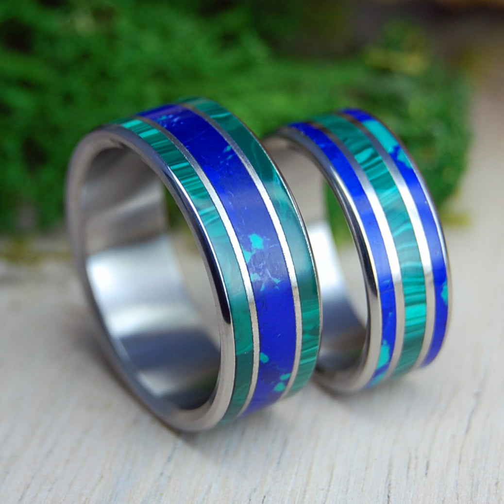 THE SEA INSPIRES AZURITE MALACHITE | Malachite, Azurite Stone & Titanium Wedding Rings - His & Hers Wedding Bands - Stone Wedding Rings