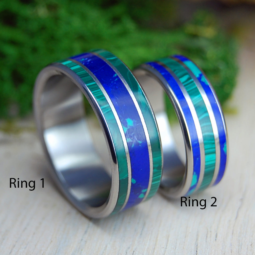 THE SEA INSPIRES AZURITE MALACHITE | Malachite, Azurite Stone & Titanium Wedding Rings - His & Hers Wedding Bands - Stone Wedding Rings