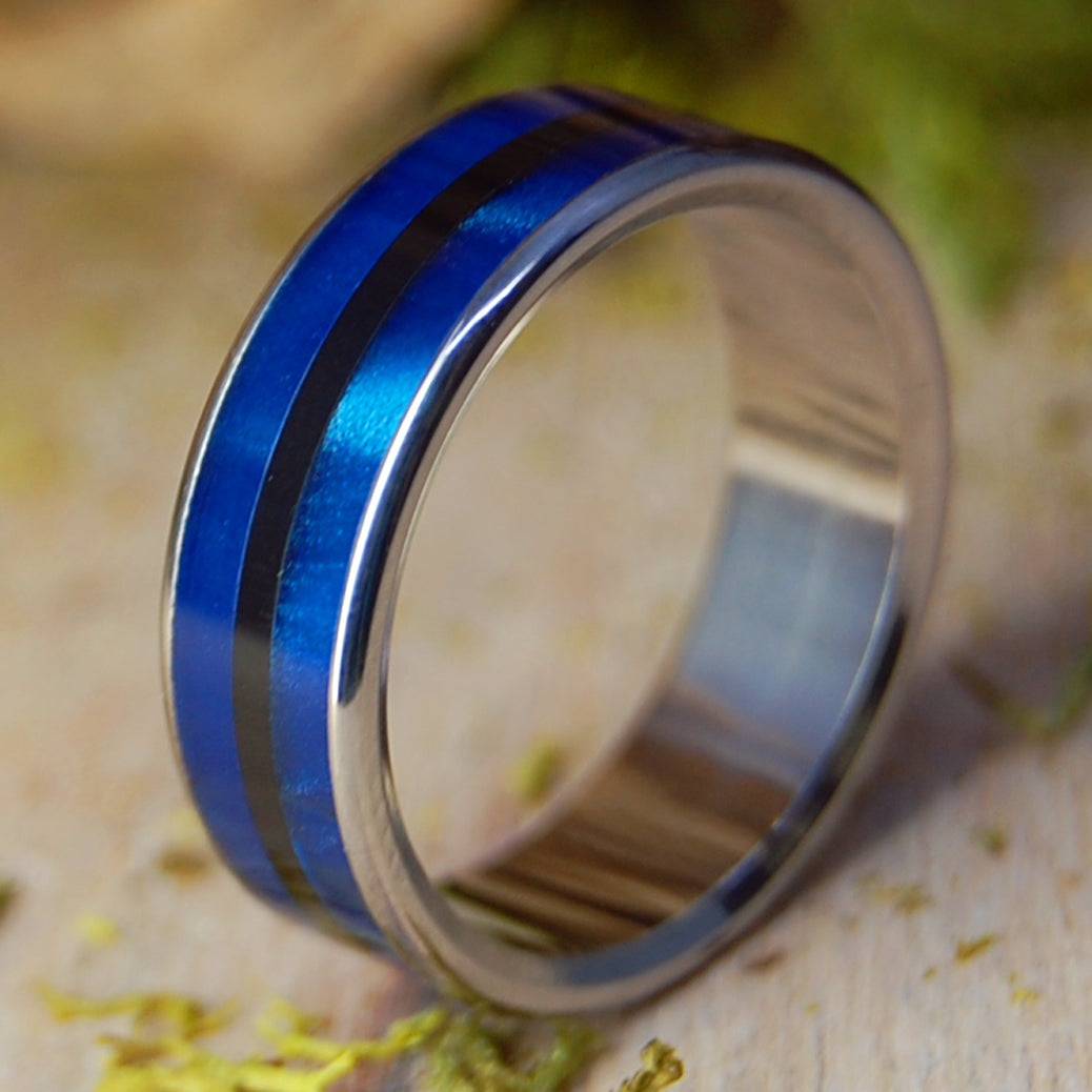THE WINE GUY AND THE JUDGE | Men's Blue Marbled Opalescent Resin, Onyx & Titanium Wedding Ring