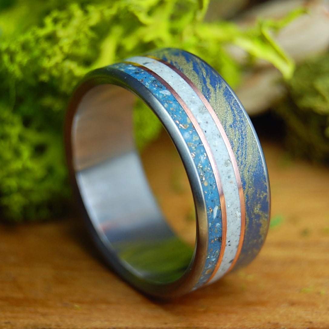 THREE SISTERS | Blue Bronze Mokume Gane, Gold & Beach Sand and Sea Shells Wedding Ring - Minter and Richter Designs