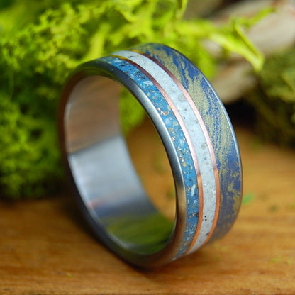 THREE SISTERS | Blue Bronze Mokume Gane, Gold & Beach Sand and Sea Shells Wedding Ring - Minter and Richter Designs