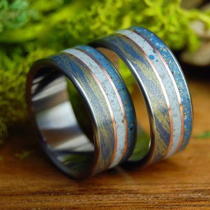 THREE SISTERS SET | Blue Bronze Mokume Gane, Gold & Beach Sand and Sea Shells Wedding Rings - Minter and Richter Designs