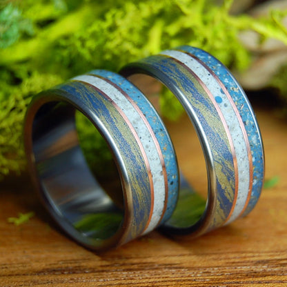 THREE SISTERS SET | Blue Bronze Mokume Gane, Gold & Beach Sand and Sea Shells Wedding Rings - Minter and Richter Designs