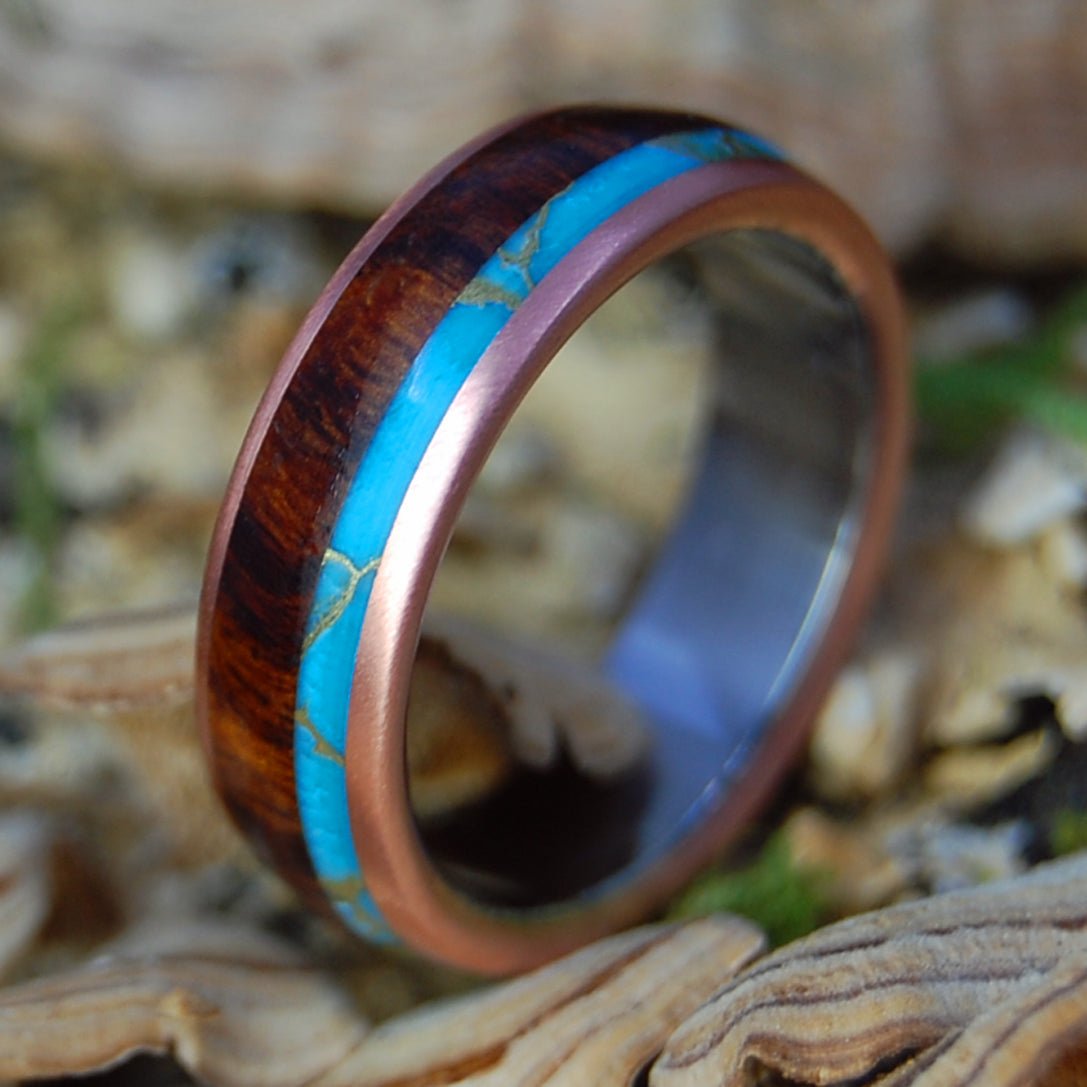 TIBETAN DESERT DREAM | Men's Desert Ironwood, Tibetan Turquoise, Copper & Titanium Wedding Ring - Minter and Richter Designs