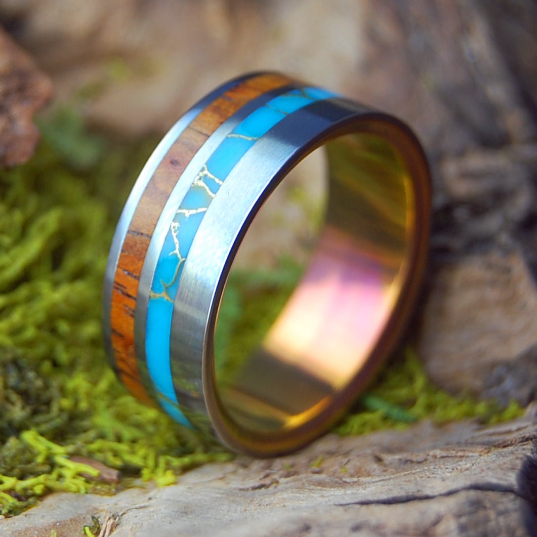 TIBETAN SUNSET | Men's Cocobolo Wood, Tibetan Turquoise & Inox Steel Wedding Ring - Minter and Richter Designs