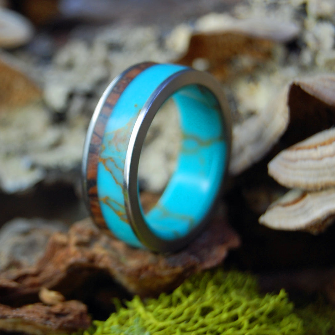 TIBET GOLD | SIZE 7.5 AT 7MM | Tibetan Turquoise Cocobolo | Titanium Wedding Rings | On Sale - Minter and Richter Designs