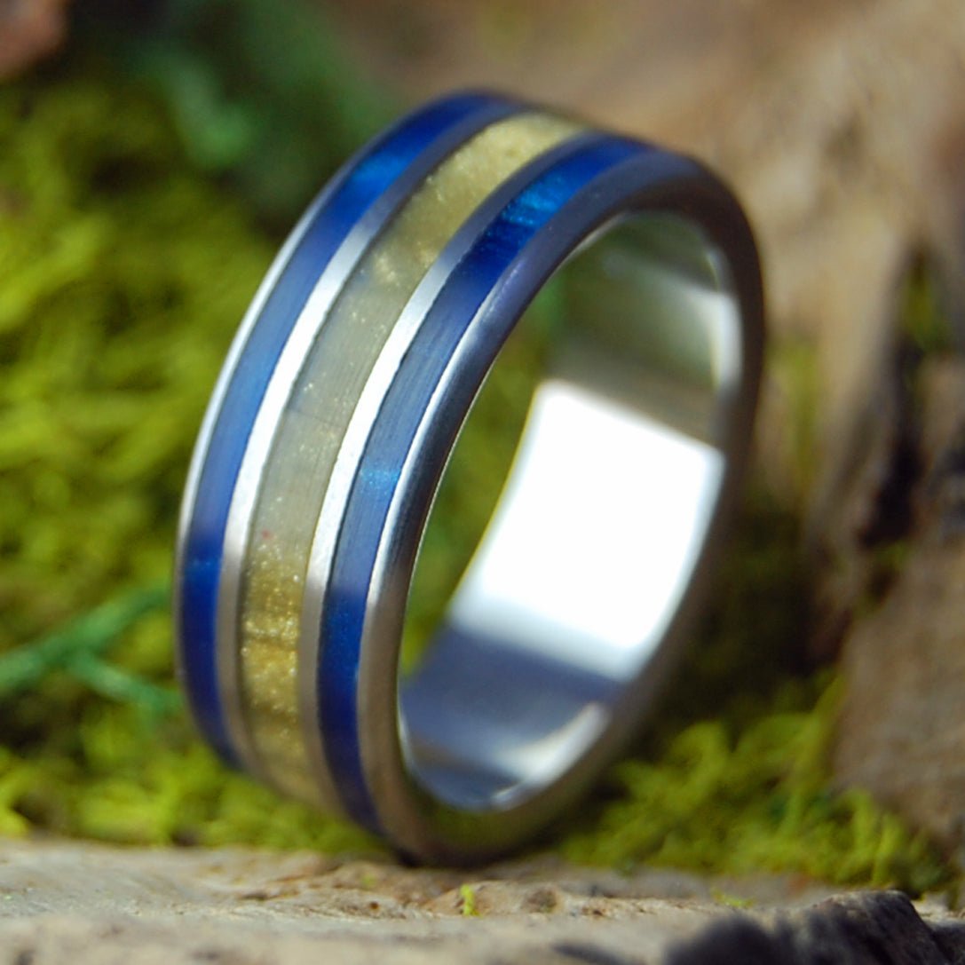 TIGER EYE BLUE | Men's Tiger Eye Stone, Blue Marbled Opal & Titanium Wedding Ring - Minter and Richter Designs