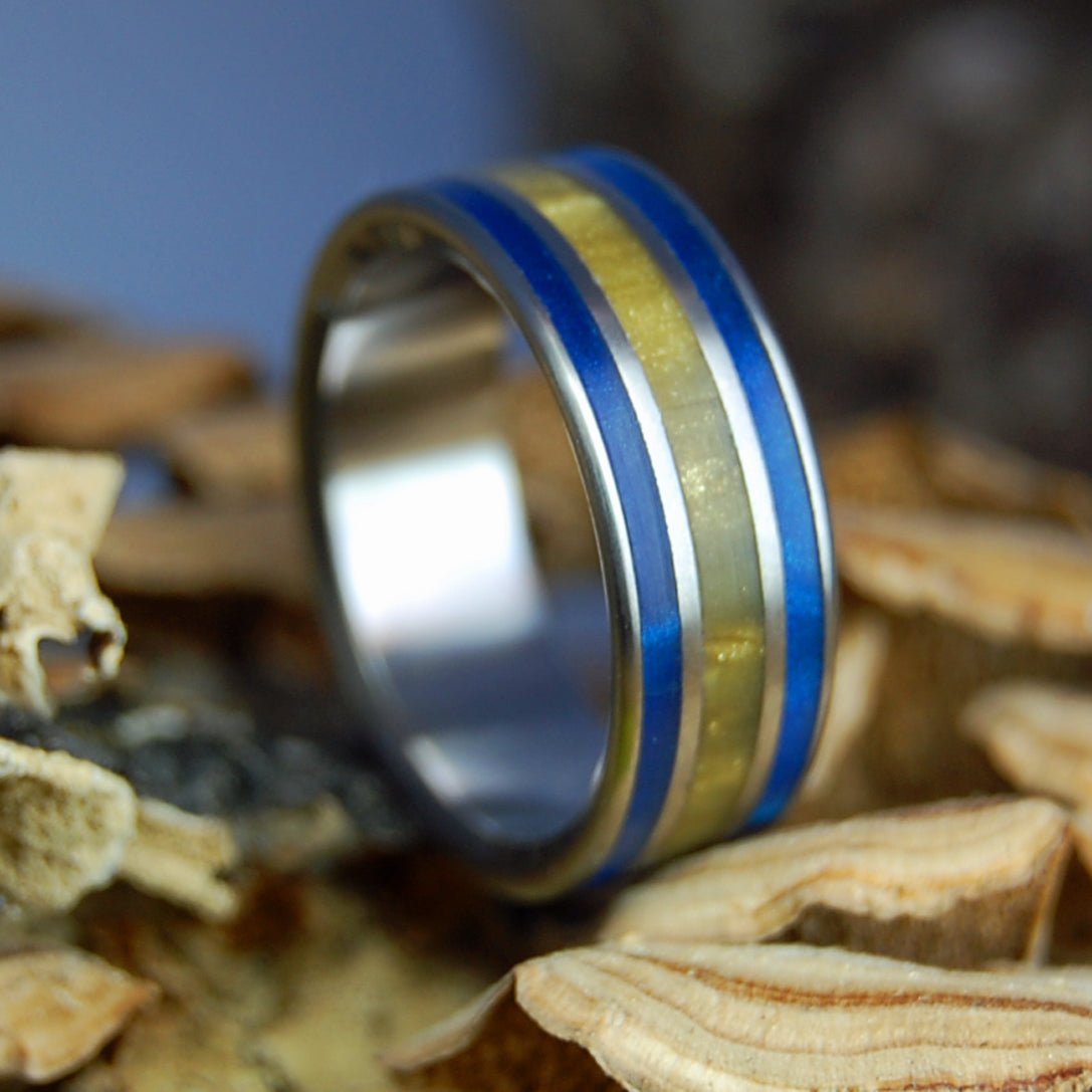 TIGER EYE BLUE | Men's Tiger Eye Stone, Blue Marbled Opal & Titanium Wedding Ring - Minter and Richter Designs