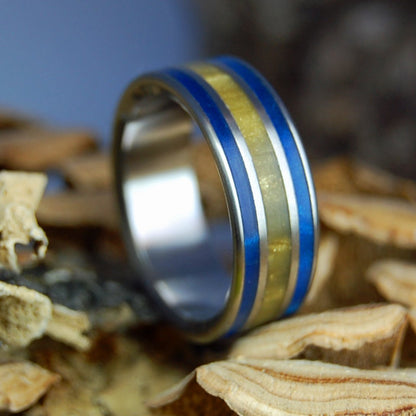 TIGER EYE BLUE | Men's Tiger Eye Stone, Blue Marbled Opal & Titanium Wedding Ring - Minter and Richter Designs