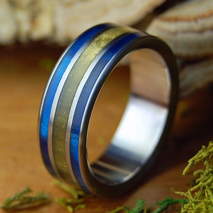 TIGER EYE BLUE | Men's Tiger Eye Stone, Blue Marbled Opal & Titanium Wedding Ring - Minter and Richter Designs