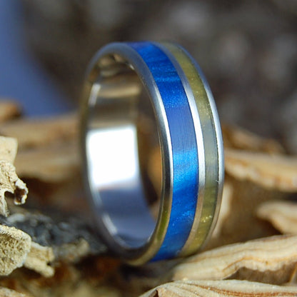 TIGER EYE BLUE OFFSET | Men's Tiger Eye Stone, Blue Marbled Opal & Titanium Wedding Ring - Minter and Richter Designs