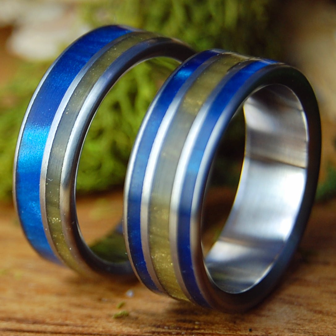 TIGER EYE BLUE & OFFSET | Tiger Eye Stone & Blue Marbled Opal - Unique Titanium Wedding Rings - Minter and Richter Designs