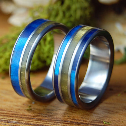 TIGER EYE BLUE & OFFSET | Tiger Eye Stone & Blue Marbled Opal - Unique Titanium Wedding Rings - Minter and Richter Designs