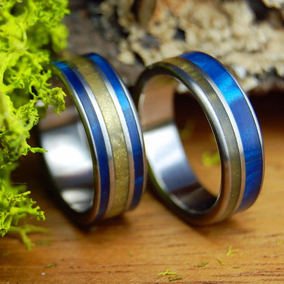 TIGER EYE BLUE & OFFSET | Tiger Eye Stone & Blue Marbled Opal - Unique Titanium Wedding Rings - Minter and Richter Designs