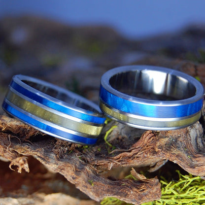 TIGER EYE BLUE & OFFSET | Tiger Eye Stone & Blue Marbled Opal - Unique Titanium Wedding Rings - Minter and Richter Designs