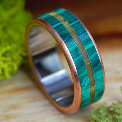 SHANTI TIGER'S EYE & MALACHITE | Men's Banded Malachite, Tiger's Eye Stone, Copper, & Titanium Wedding Ring