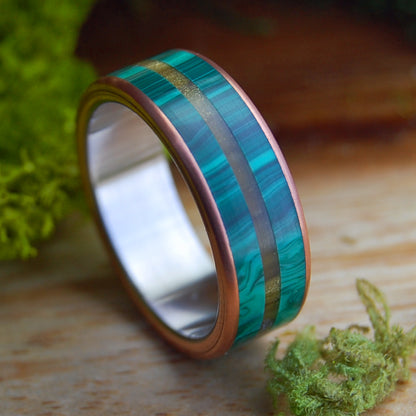 SHANTI TIGER'S EYE & MALACHITE | Men's Banded Malachite, Tiger's Eye Stone, Copper, & Titanium Wedding Ring