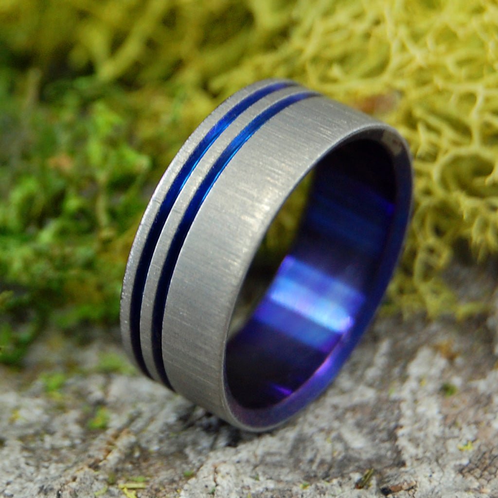TO THE FUTURE II VERTICAL STROKE BLUE PURPLE | Size 9.5 At 7.9mm | Titanium Wedding Ring | On Sale - Minter and Richter Designs
