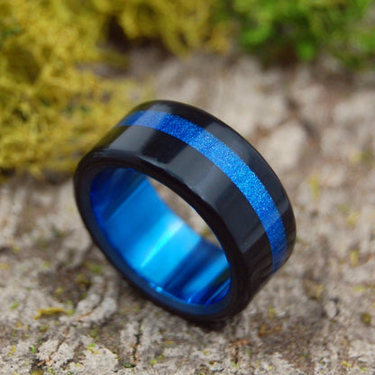 Tron | Size 7.25 At 9.5mm | Black & Blue Sparkle Resin | Titanium Wedding Ring | On Sale - Minter and Richter Designs