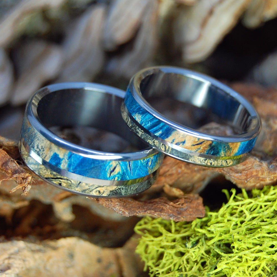 Trust And Commit | Titanium & Turquoise Box Elder & Black Box Elder Wood Wedding Ring Set - Minter and Richter Designs