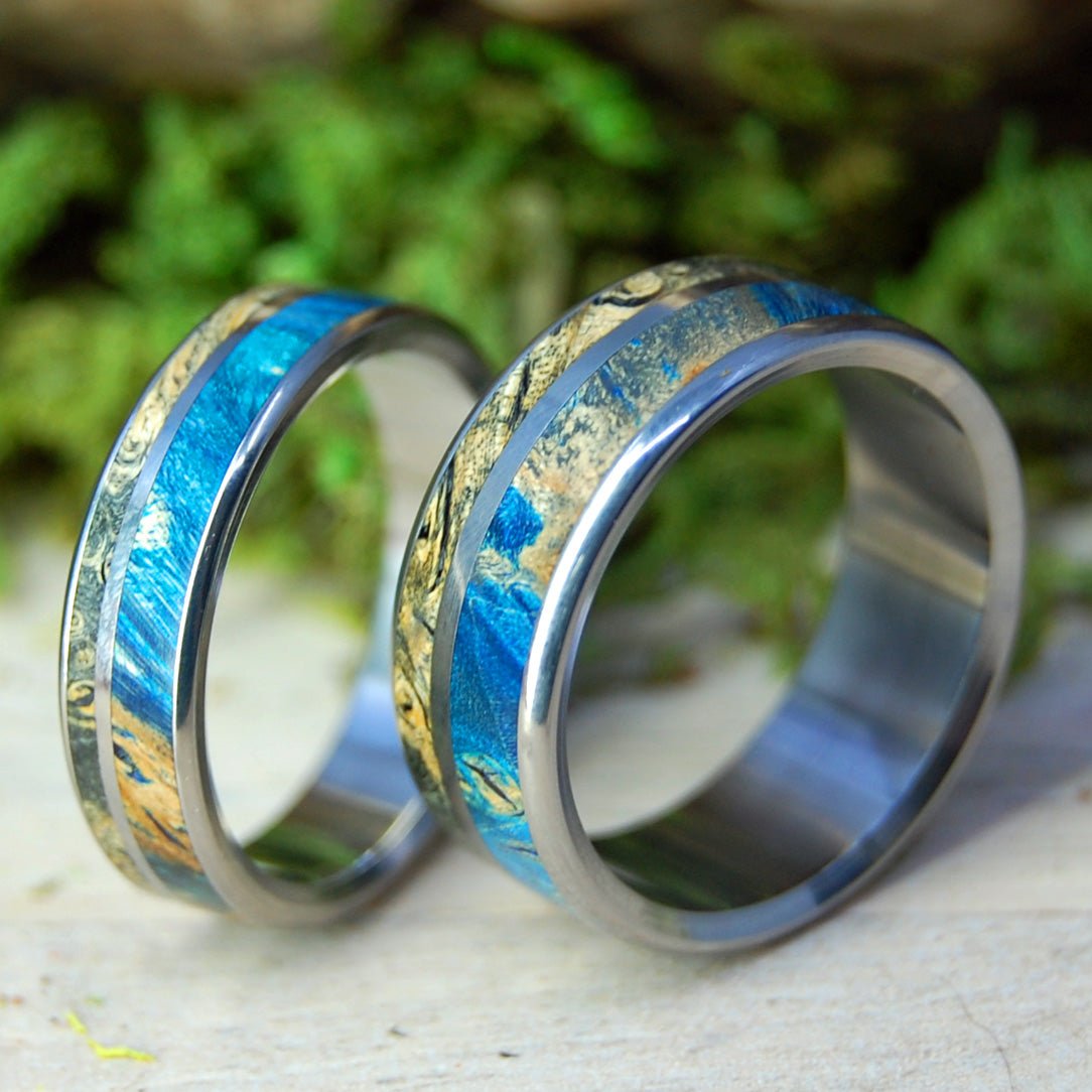 Trust And Commit | Titanium & Turquoise Box Elder & Black Box Elder Wood Wedding Ring Set - Minter and Richter Designs