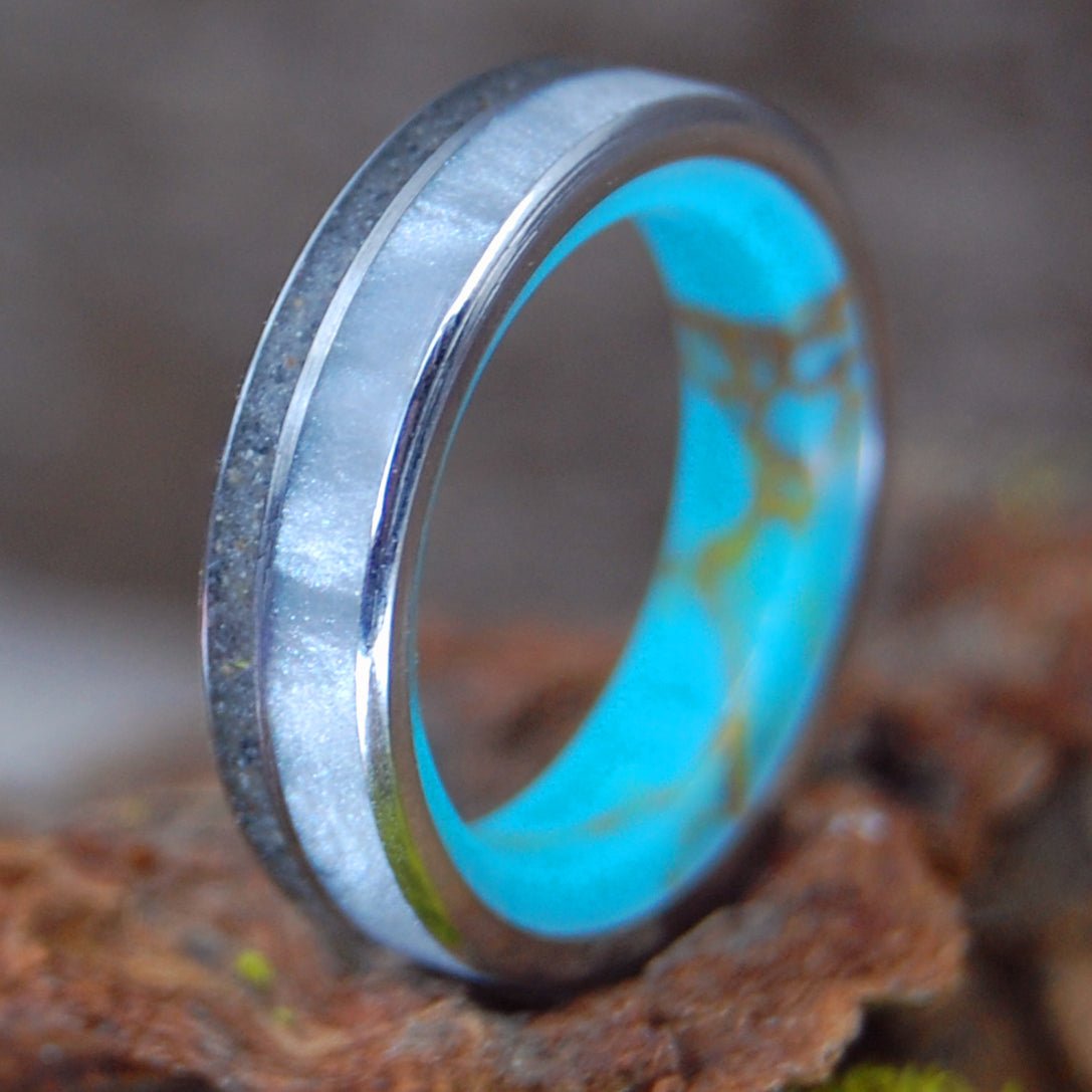 Turquoise Gray Kentucky | Men's Gray Marbled Opalescent, Kentucky Coal, Tibetan Turquoise & Titanium Wedding Ring - Minter and Richter Designs