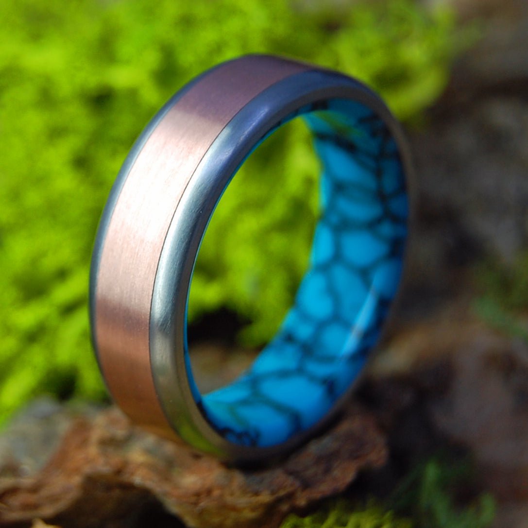 Turquoise in Candlelight | Men's Copper and Turquoise & Titanium Wedding Ring - Minter and Richter Designs