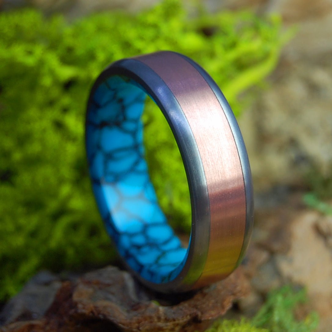 Turquoise in Candlelight | Men's Copper and Turquoise & Titanium Wedding Ring - Minter and Richter Designs