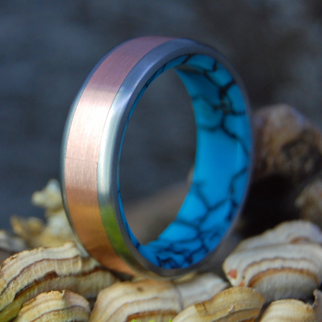Turquoise in Candlelight | Men's Copper and Turquoise & Titanium Wedding Ring - Minter and Richter Designs
