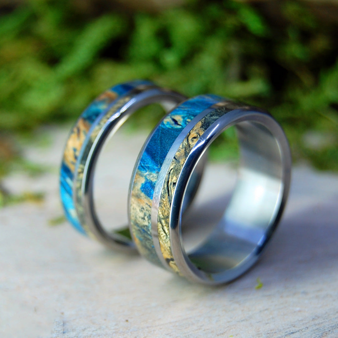 TRUST AND COMMIT | Titanium & Turquoise Box Elder & Black Box Elder Wood Wedding Rings Set - Minter and Richter Designs