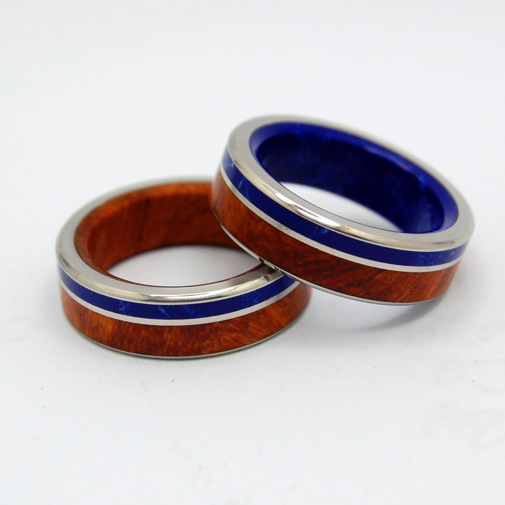 Twilight By Lake | Amboyna Burl Wood & Sodalite Stone - Unique Wedding Ring Set - Minter and Richter Designs
