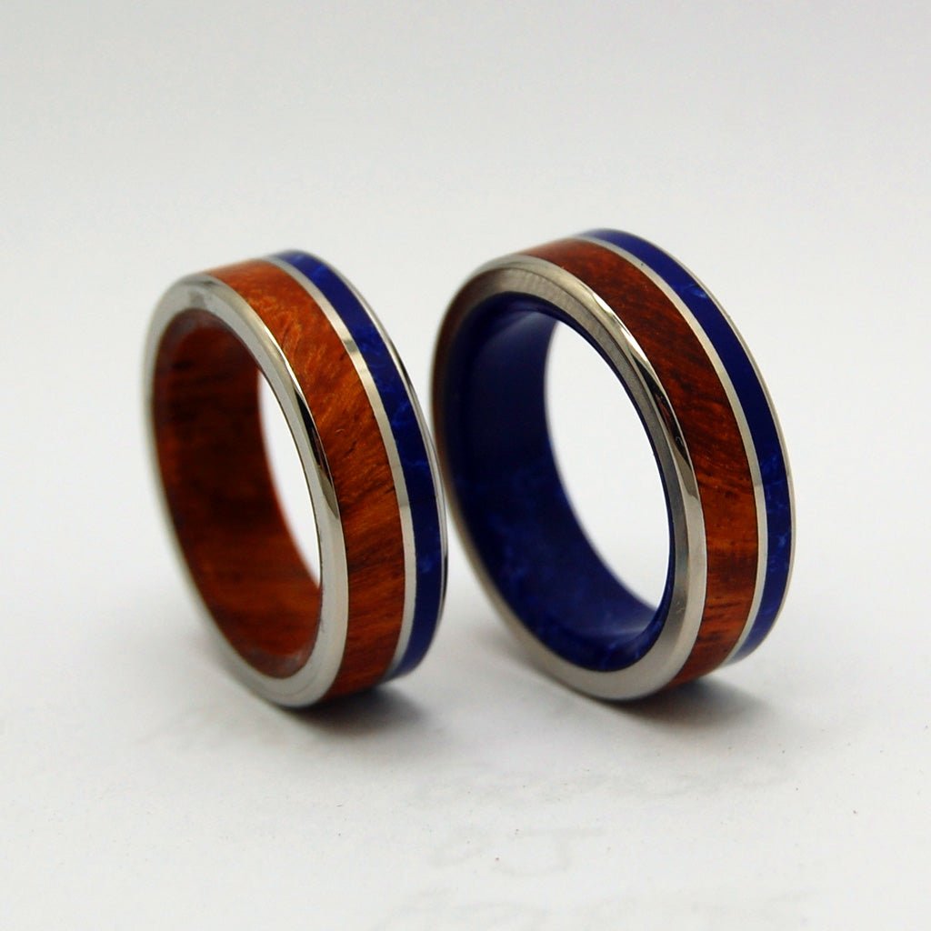 Twilight By Lake | Amboyna Burl Wood & Sodalite Stone - Unique Wedding Ring Set - Minter and Richter Designs